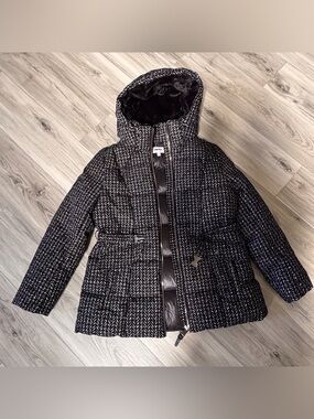 DKNY Black Quilted Hooded Puffer Jacket with Tweed Shell